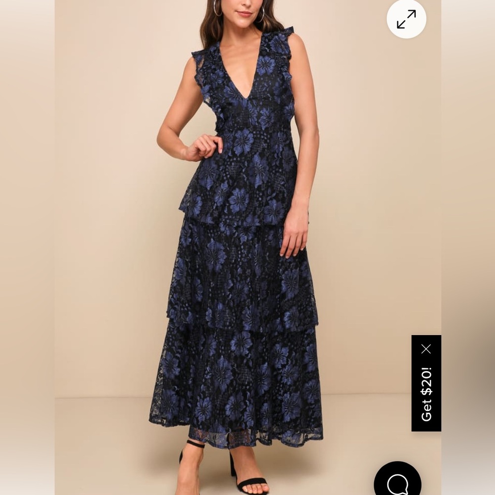 Molinetto Navy Blue Lace Ruffled Tiered Sleeveless Maxi Dress